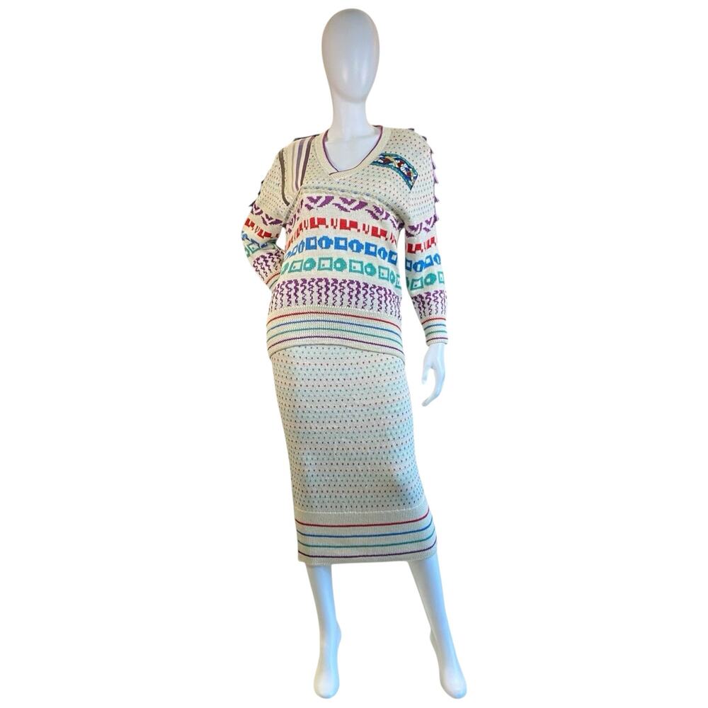 1980s Vintage Marika Contompasis Cream & Rainbow Sweater Set